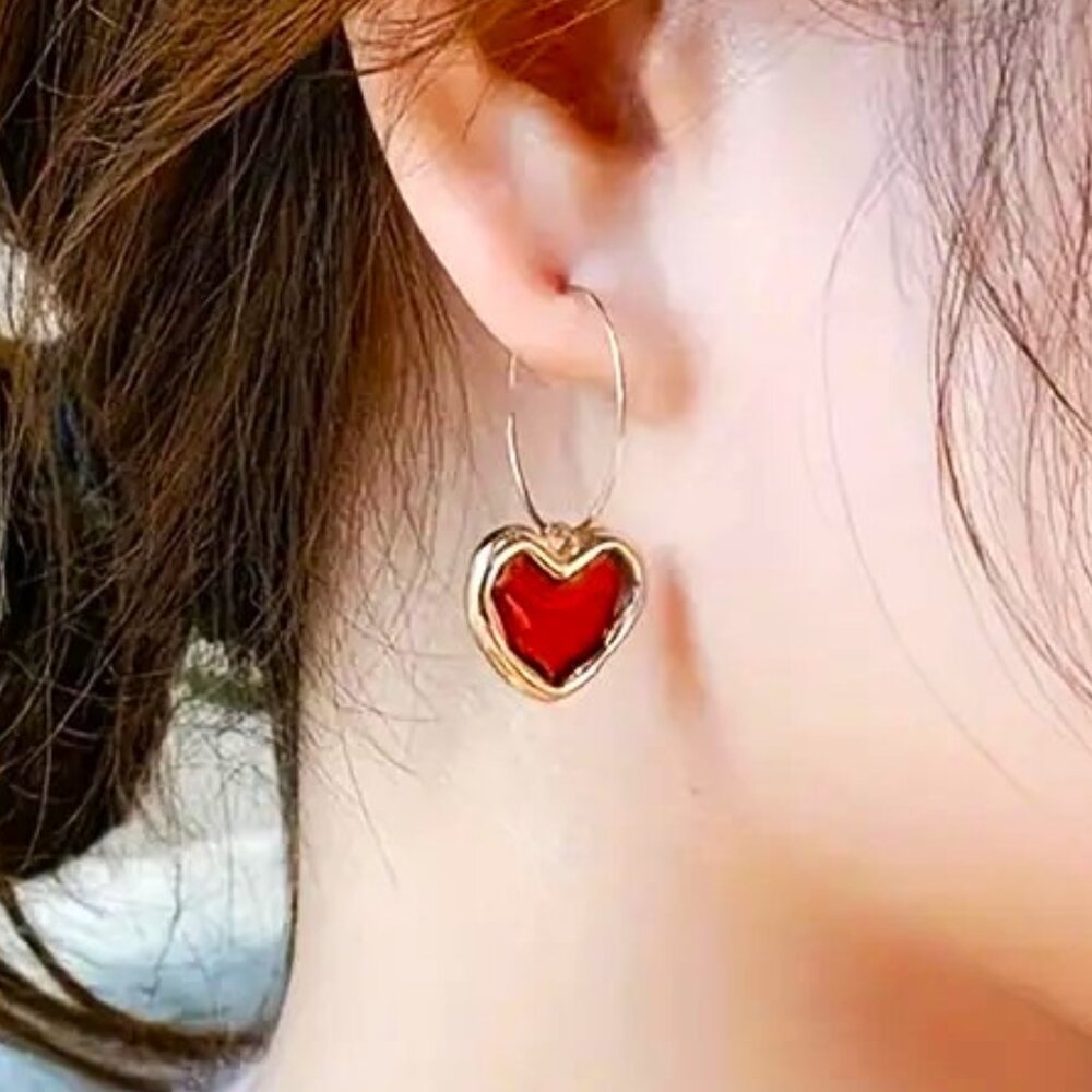 Heart Earrings Gold Red Dangle Hoop Simple Trendy Enamel Stylish Glam Love New
